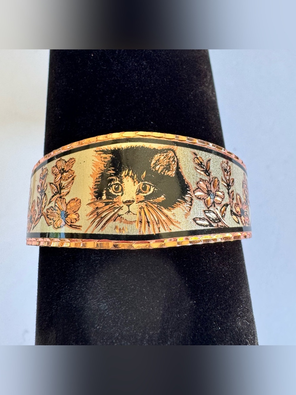 Copper Reflections Etched Kitty Cat Flower Cuff Bracelet